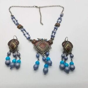 Boho Gypsy Necklace Earrings Set Blue Purple Bead Silver Tone Dangle Jewelry